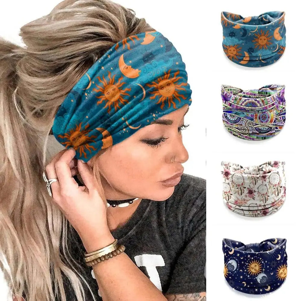 New Elastic Wide Headbands Vintage Knot Flower Print Printed Headscarf Wide Brim Boho Soft Bandana Women