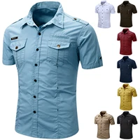 Nueva moda 2025, camisa táctica militar informal de algodón 100% para hombre, camisas de trabajo de carga de Color sólido de manga corta de verano con bolsillo