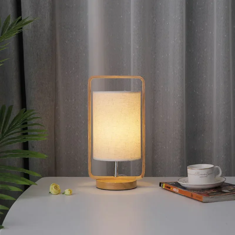Agradável led lâmpada de mesa de madeira maciça pano abajur luzes da noite quarto candeeiros de mesa
