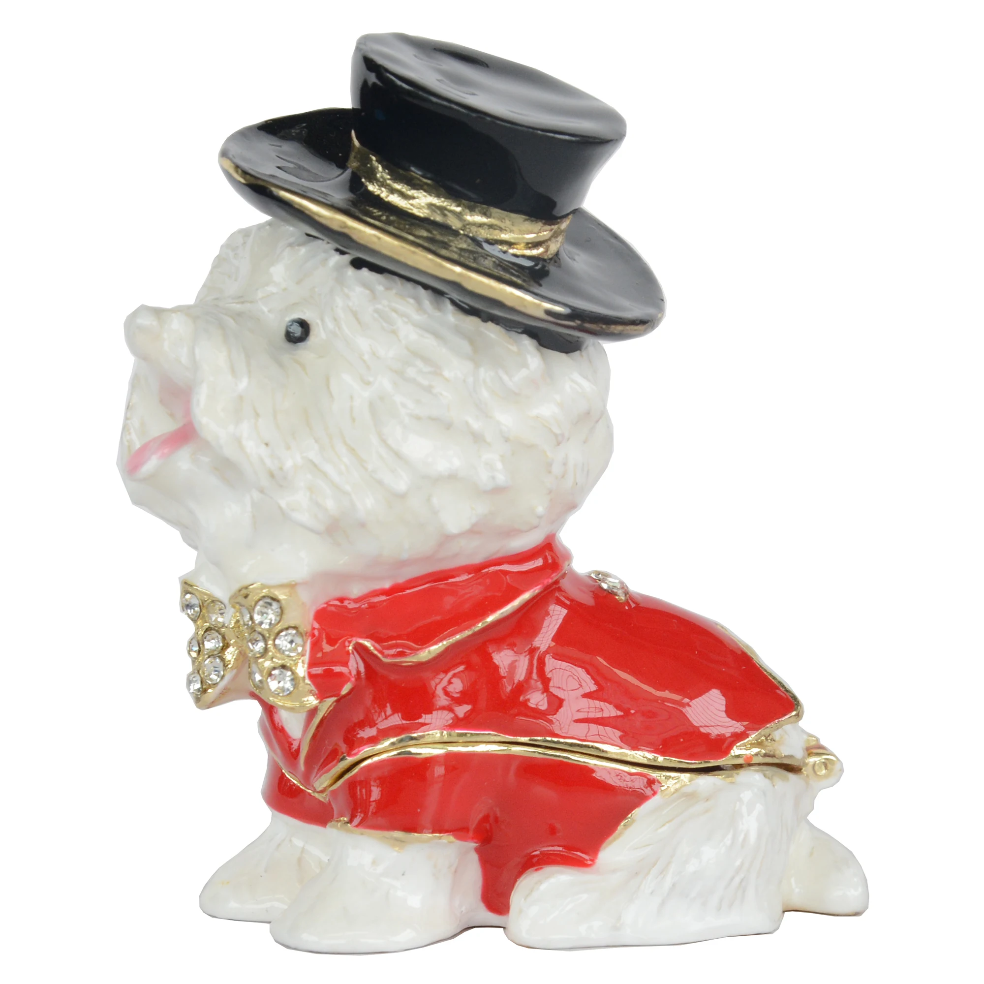 Top Hat Maltese Small Jewellery Box Figurine Yorkshire Terrier Dog Bejeweled Trinket Box Ring Holder Metal Gift Ornament