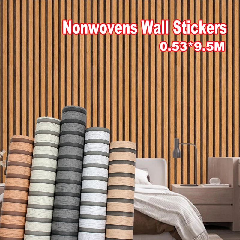 53cm Japanese Modern 3D Non-Woven Moisture-Proof Bedroom Background Wallpaper Wood Stripes Non Self-Adhesive Wall Stickers