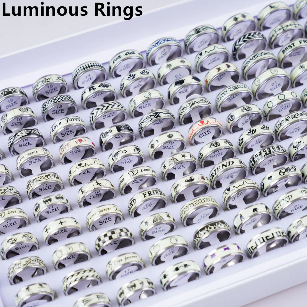 10/20/30/50Pcs/Lot Fashion Luminous Sticker Stainless Steel Multicolor Rings For Men Women Glow-in-dark Mix Style Couple Jewelry