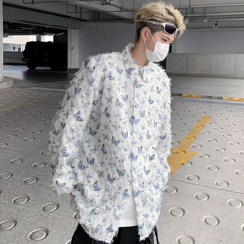 Summer Thin Shirt Three-dimensional Butterfly Decor Long Sleeve Shirt Tassel Casual Fashion Loose Male Sun-proof Clothing