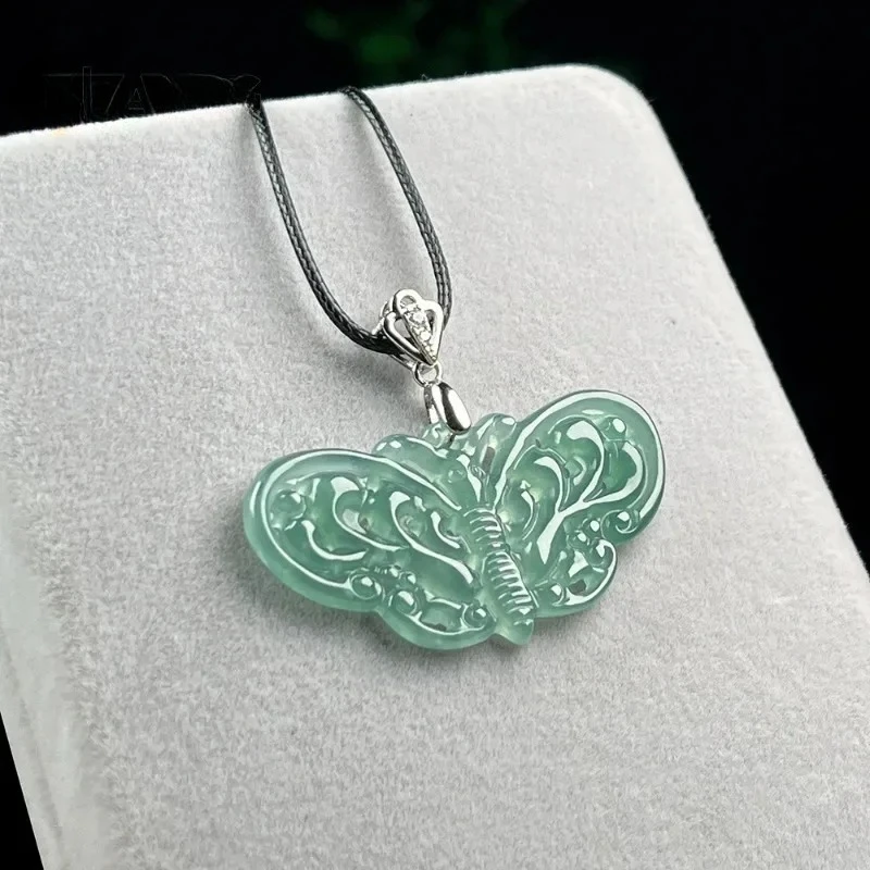 Natural S925 Silver Inlaid Jadeite Butterfly Pendant Ice Bottom Blue Water Hollowed-out Women Necklace Fashion Exquisite Jewelry