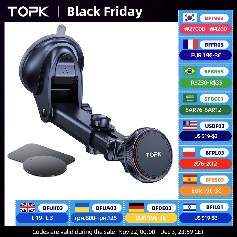 TOPK Magnetic Car Phone Mount, N52 Strong Magnet Dashboard Windshield Suction Cup Car Phone Holder Adjustable Telescopic Arm