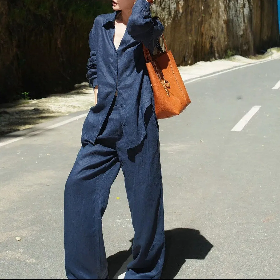 Women's 2-piece Sets Blouse Long Sleeve Solid Color Shirt Wide Leg Pants Top Cropped Relaxed Fit Button Down Navy Blue Dusty