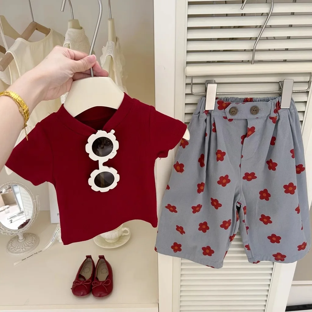 Girls' Summer New Red T-shirt Flower Wide-leg Pants Fashionable Foreign Style Baby Two-piece Set Fashion Casual