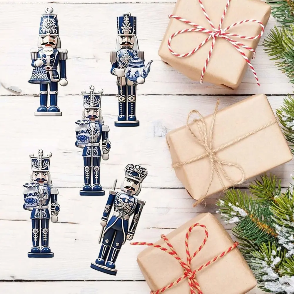 12/24Pcs Wooden Nutcracker Soldier Pendant Mixed Style Blue and White Porcelain Design Xmas Tree Hanging Ornament Retro