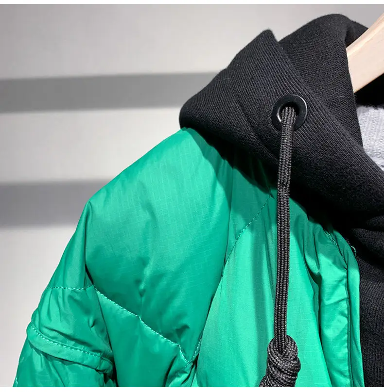 Down Jacket Men Trendy Fake Two-piece Hooded Loose Jacket Zipper Casual Cotton Coat