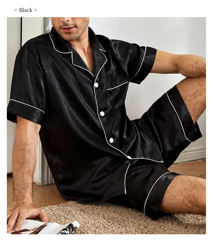 Herren-Pyjama-Set aus Satin, kurzärmelig, Sommer-Nachtwäsche für Herren, Button-Down-Hemd und Shorts mit elastischer Taille, Pyjama, Heimkleidung, 2-teilig – Detail 13