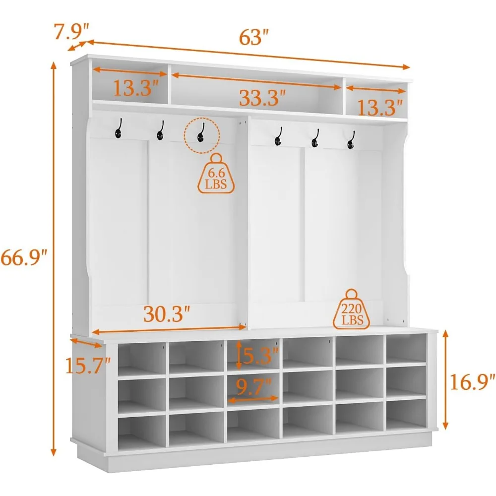 Bench and Shoe Storage, Multi-Purpose Entryway Bench with Coat Rack, Adjustable Shelves 6 Double Hooks and 21 Open Compartments