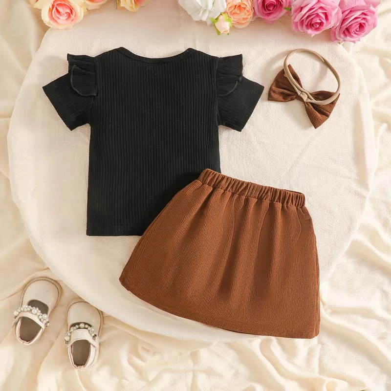 3Pcs Baby Girl Outfit Set 3D Flower Ruffle Short Sleeve Ribbed Top Corduroy Skirt Bow Headband Toddler Girl Summer Clothes 1-3Y