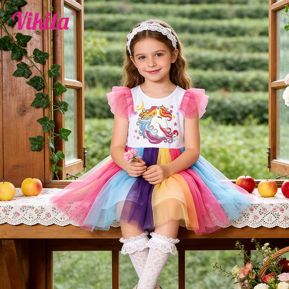 VIKITA Girls Unicorn Colorful Rainbow Tulle Dress with Flare Sleeve Kids Layered Birthday Party Casual Summer Elegant Vestidos