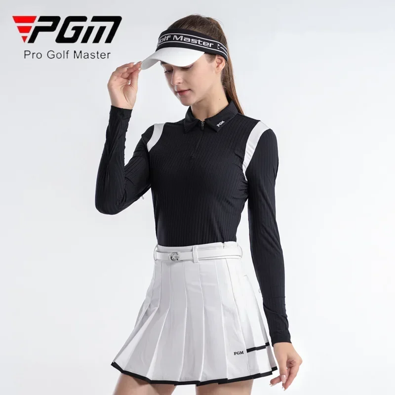 PGM Women Patchwork Golf Shirt Ladies Stripe Long Sleeve T-shirt Women Slim Zipper Collar Tops Elastic Breathable Sportswear