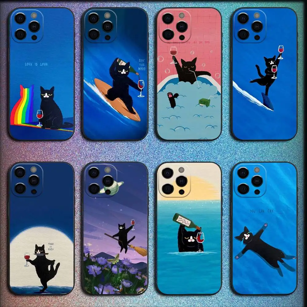 

Cute Cat Funny Wine Art Phone Case For iPhone 16,15,14,13,12,11,Pro,XS,Max,XR,Plus,E,SE4,Mini Shockproof Black Cover