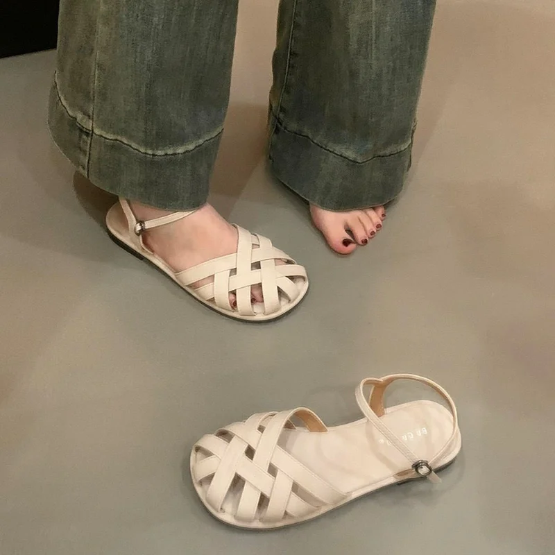 Sandals Women 2024 New Summer Fashion Woven Flat Casual Retro Single Shoes