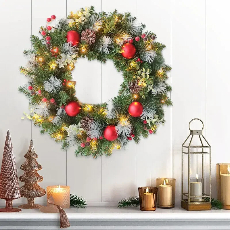 30CM Christmas Wreath With Lights Wall Hanging Decoration Xmas Door Garland Ornaments