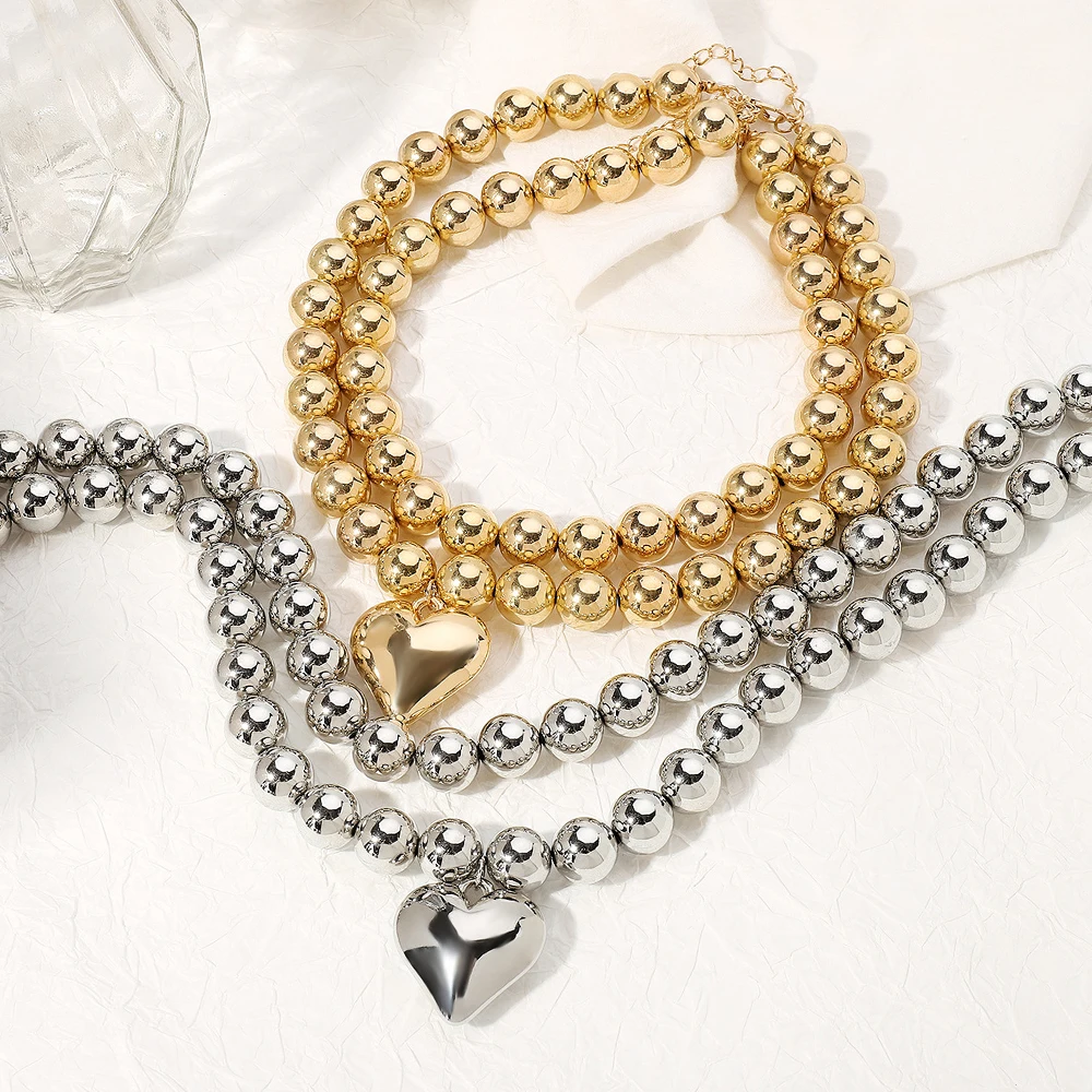 CCB Ball Beaded Chain Heart Pendant Necklace Women Punk Party Wedding Fashion Double Layer Choker Jewelry Gift for Cool Girls