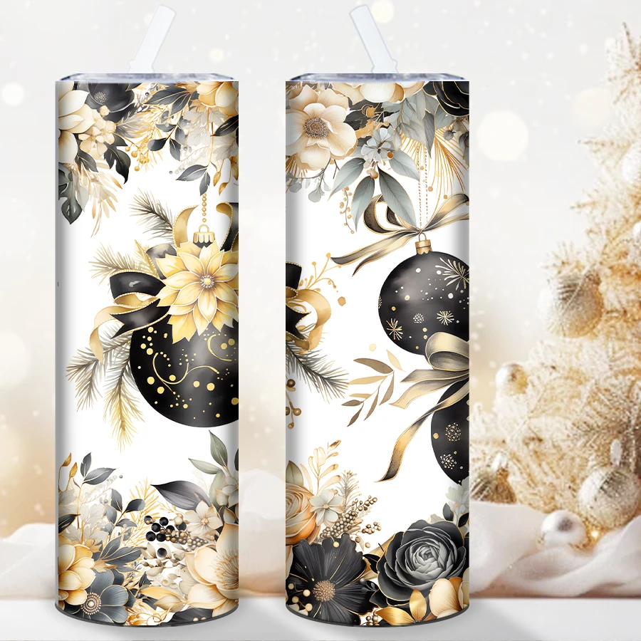 1Pc 3D Print Black Gold Floral Christmas Tumbler 20oz Portable Skinny Straight Water Bottle  Portable Outdoor Travel Cups