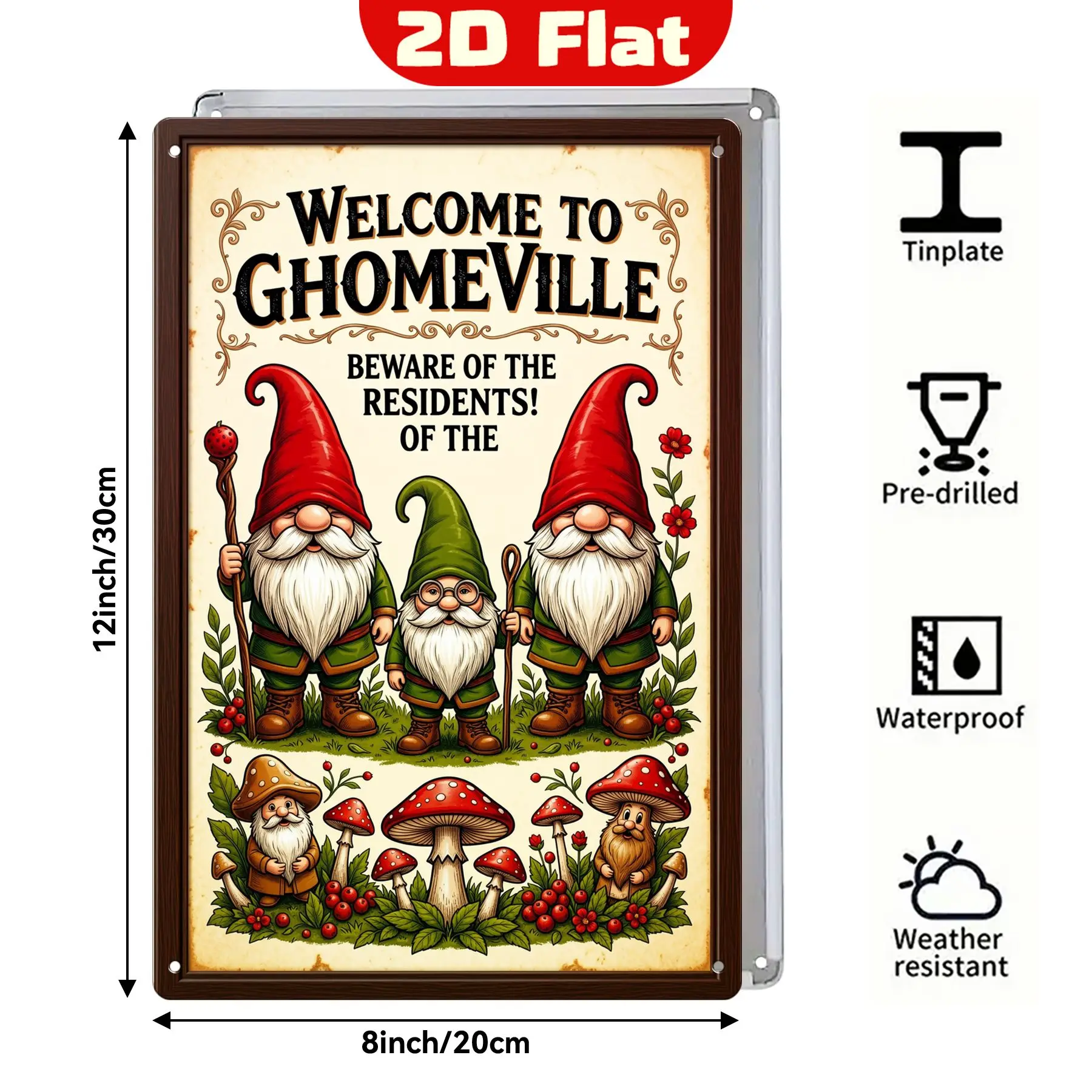2D Flat Vintage Garden Gnome, Rectangular Metal Aluminum Sign, Welcome To Gnomeville Beware of The Residents