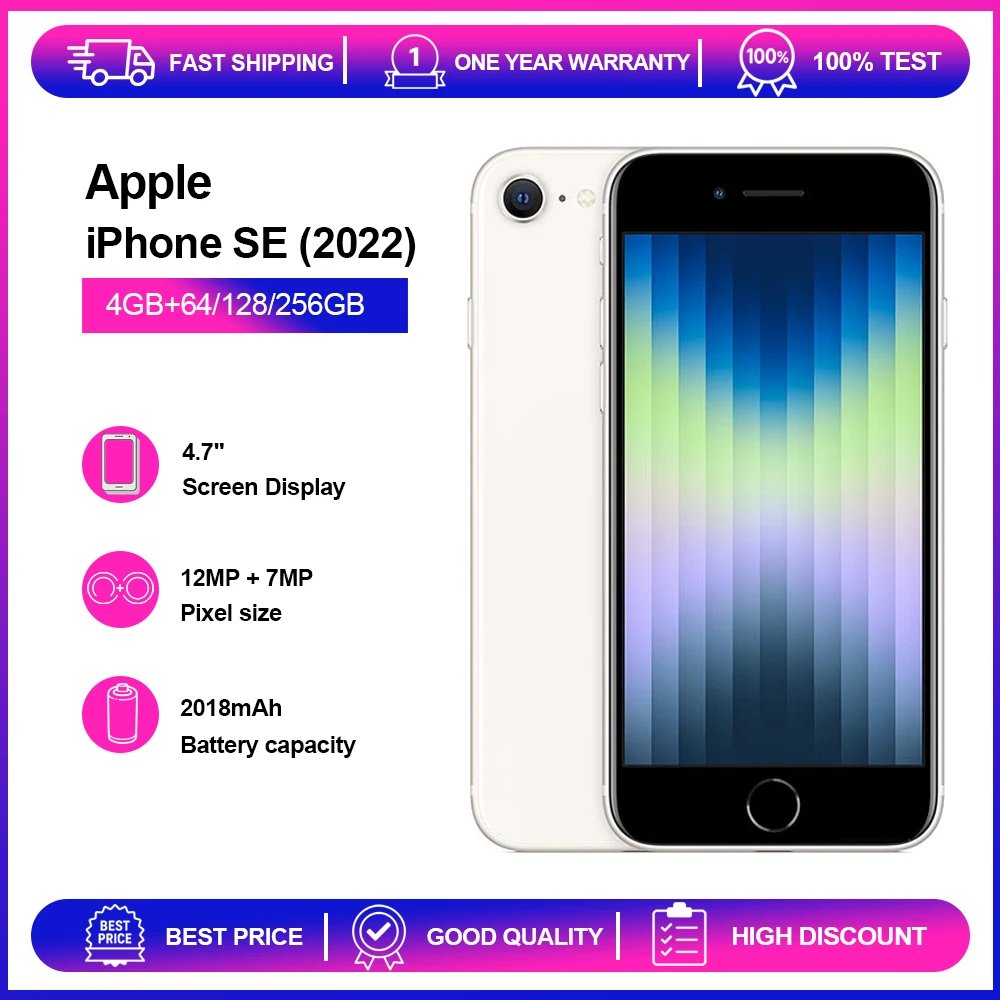 هاتف Apple iPhone SE (2022) 4GB RAM 64/128/256GB ROM أصلي مفتوح 4.7 بوصة Retina IPS LCD NFC 5G هاتف محمول شحن سريع