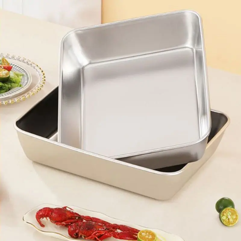 Stainless Steel Square Plate With Lid Rectangular Food Storage Pan Home Kitchen Serving Tray Large Freshing Organizer Food Lunch