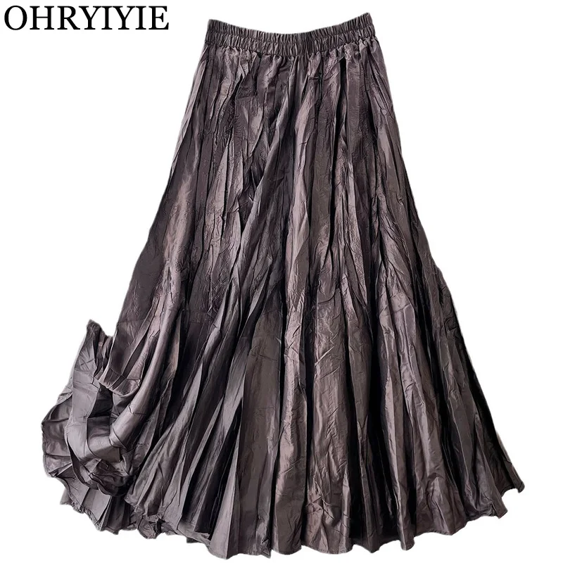 OHRYIYIE Autumn Winter Maxi Long Pleated Skirt for Women Casual Big Hem A-line Skirt Women Korean Style Vintage Skirt Female