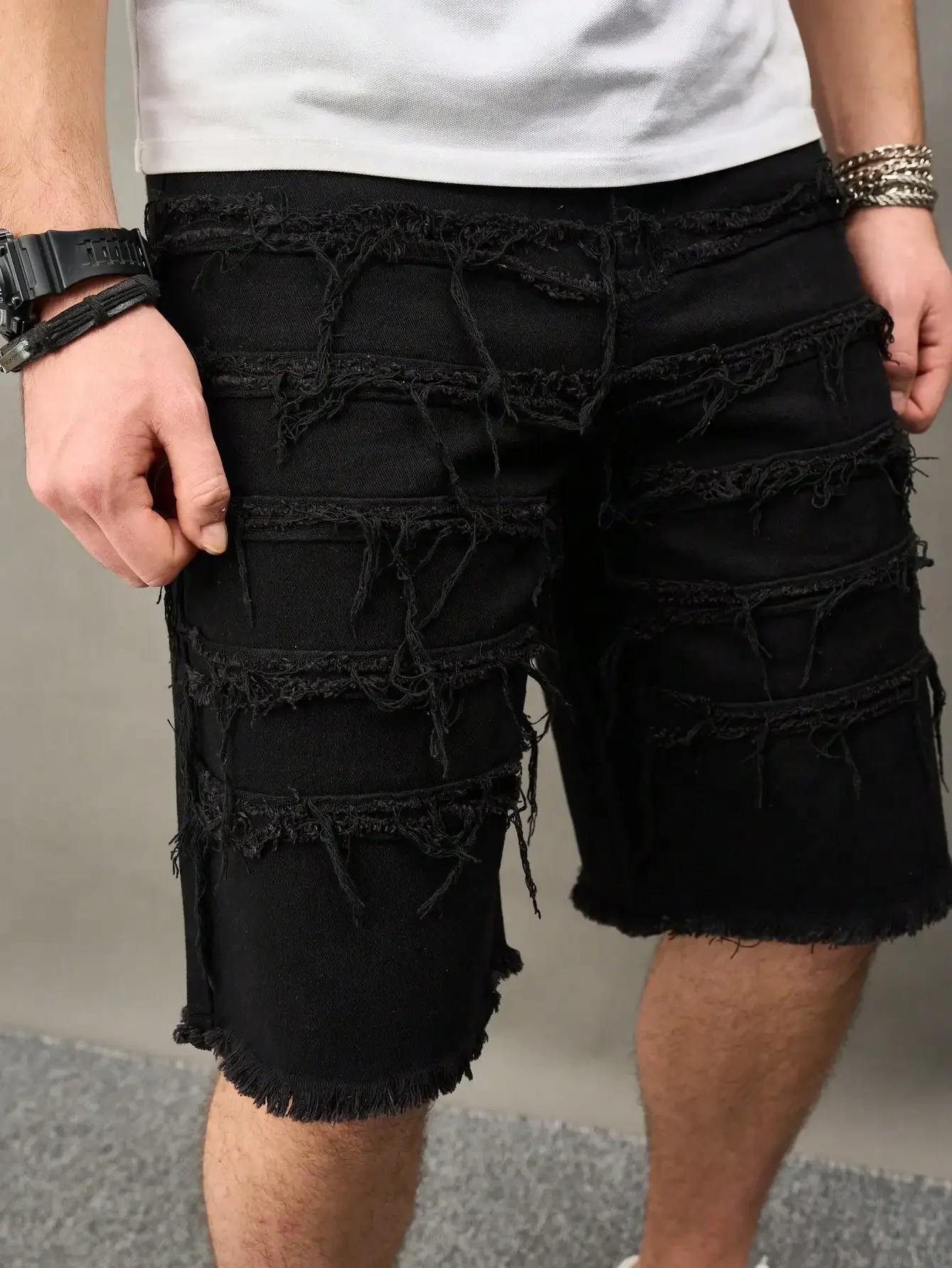 

Pop Men's Summer Denim Shorts. Black Straight-leg Shorts. Trendy Street Style. Daily Casual Wear.