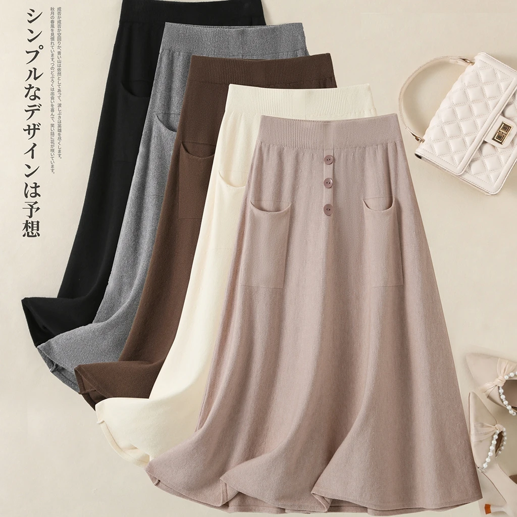 

Осень-зима вязаная плиссированная юбка женская однобортная карманная эластичная высокая талия рабочая вечеринка миди длинная юбка однотонная серая черная