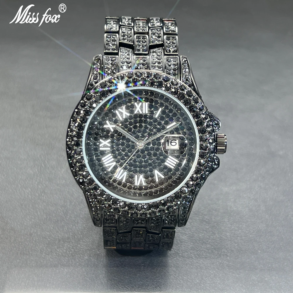 MISSFOX Hip Hop Black Diamond Watches For Men Luxury Fashion Week Display Quartz Watch Vintage Iced Out 2024 Relogio Masculino