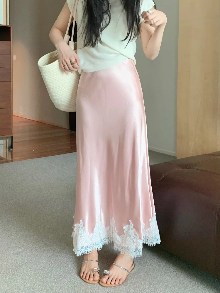 

Spring New Satin Lace Patchwork Skirt Elegant Temperament Elastic Waist Half Body Long Skirt High Waisted Pink A-line Skirt