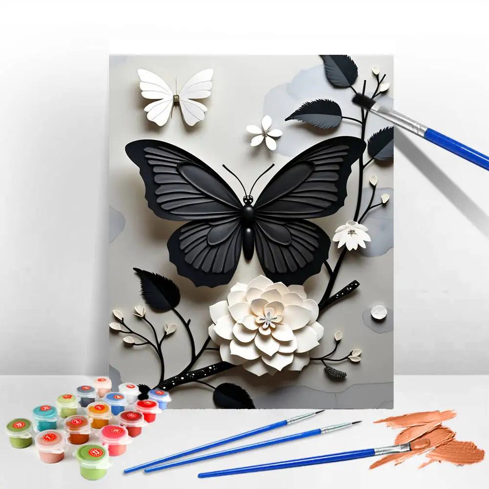 AZQSD Acrylic Oil Painting By Numbers Black White Portrait Drawing On Canvas Art Handpainted Butterfly Woman Wall Decoration