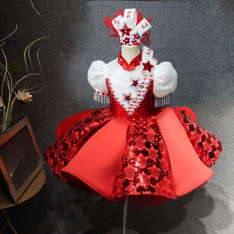 Children Girls Red Star Cheongsam Dress Chinese Style Qipao  Fashion Show Pageant Celebration Collar Gown Host Performance Kids