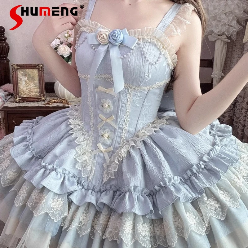 

Sweet Princess Blue Lolita Suspender Dress Jsk Summer New Girls Slim-Fit Ballet Style Mini Dresses Women's Flower Wedding Dress