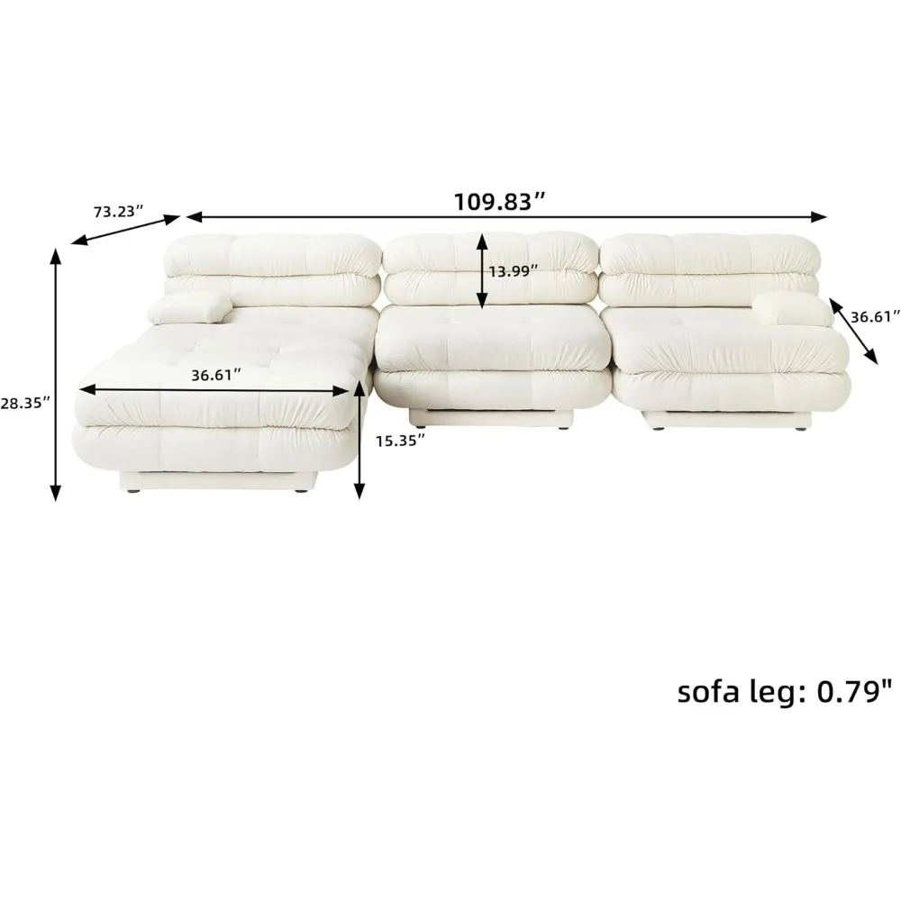 Modular Sectional Couch, 146'' L-Shaped Sofa Couch with Ottoman, Teddy Velvet 3-Seat Double Layer Cushion Sectional Couch