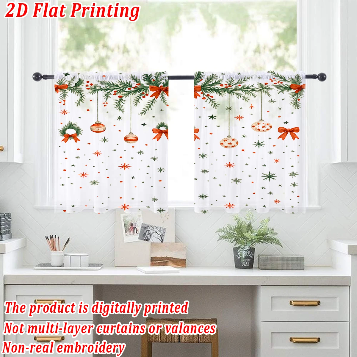 Christmas Flat Printing Kitchen Sheer Curtain with Merry Christmas Ball Garland Snowflake For Christmas Home Decor  Party