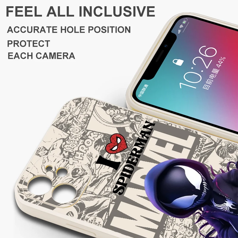 ヴェノムキャプテンアメリカ液体シリコンバックケース、iPhone 13、15、14、7、8 plus、13、12、11 pro、xs、xr、xs max、13、12 mini