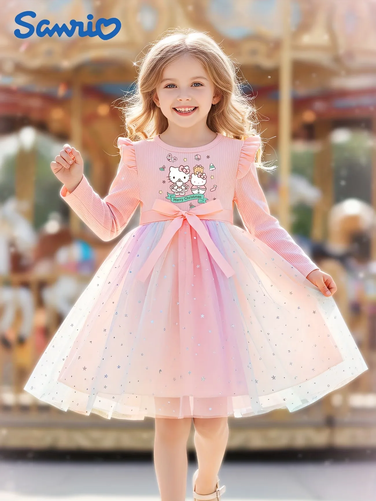 Hello Kitty Kids Dress, New Arrival for Autumn, Girls' Flutter Sleeve Star Tulle Dress