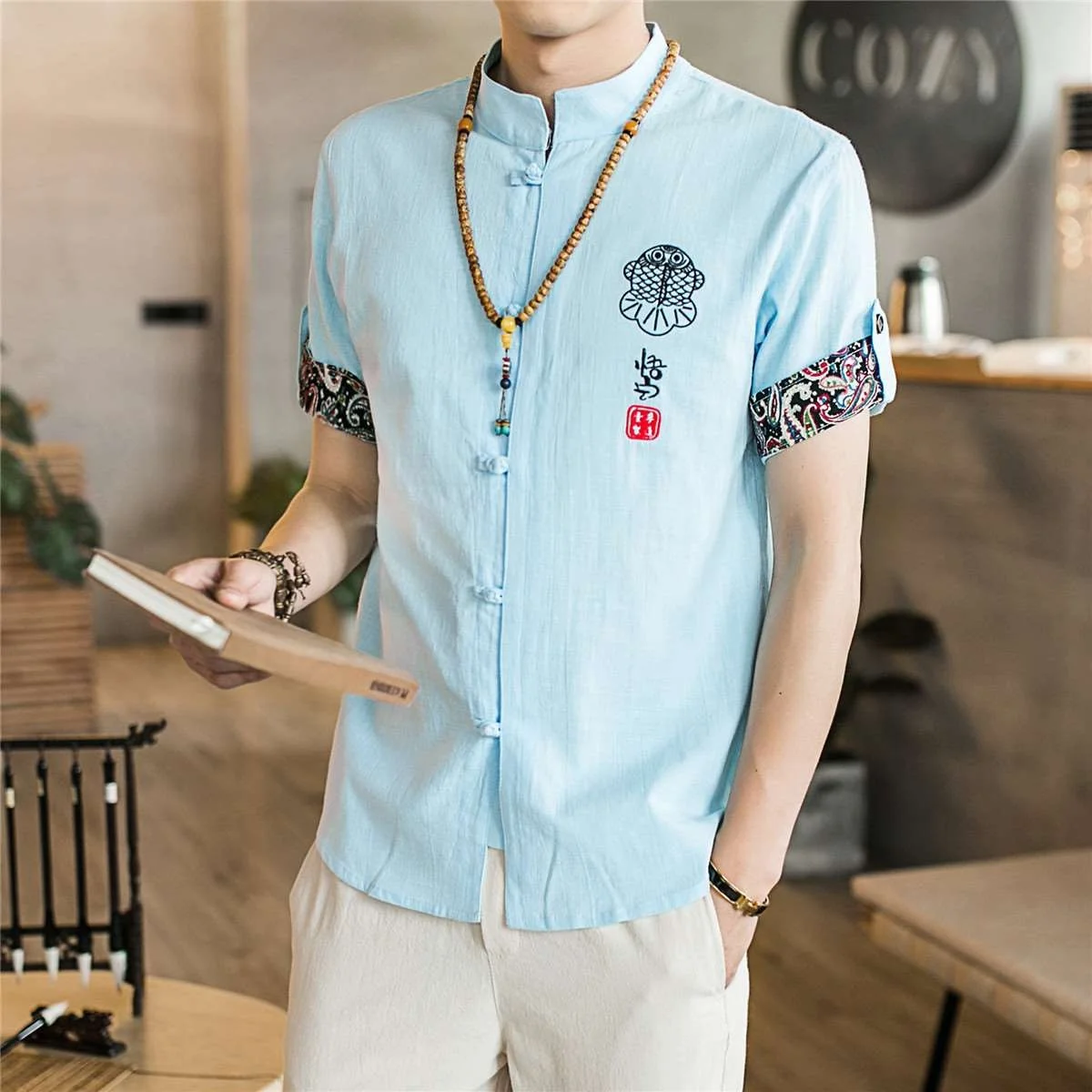 

Men's Summer Linen Five-Point SVE Casual irt Slim Fit Polyester Fiber Thiened Five-Sve Stand Collar Inner Wear Floral ...