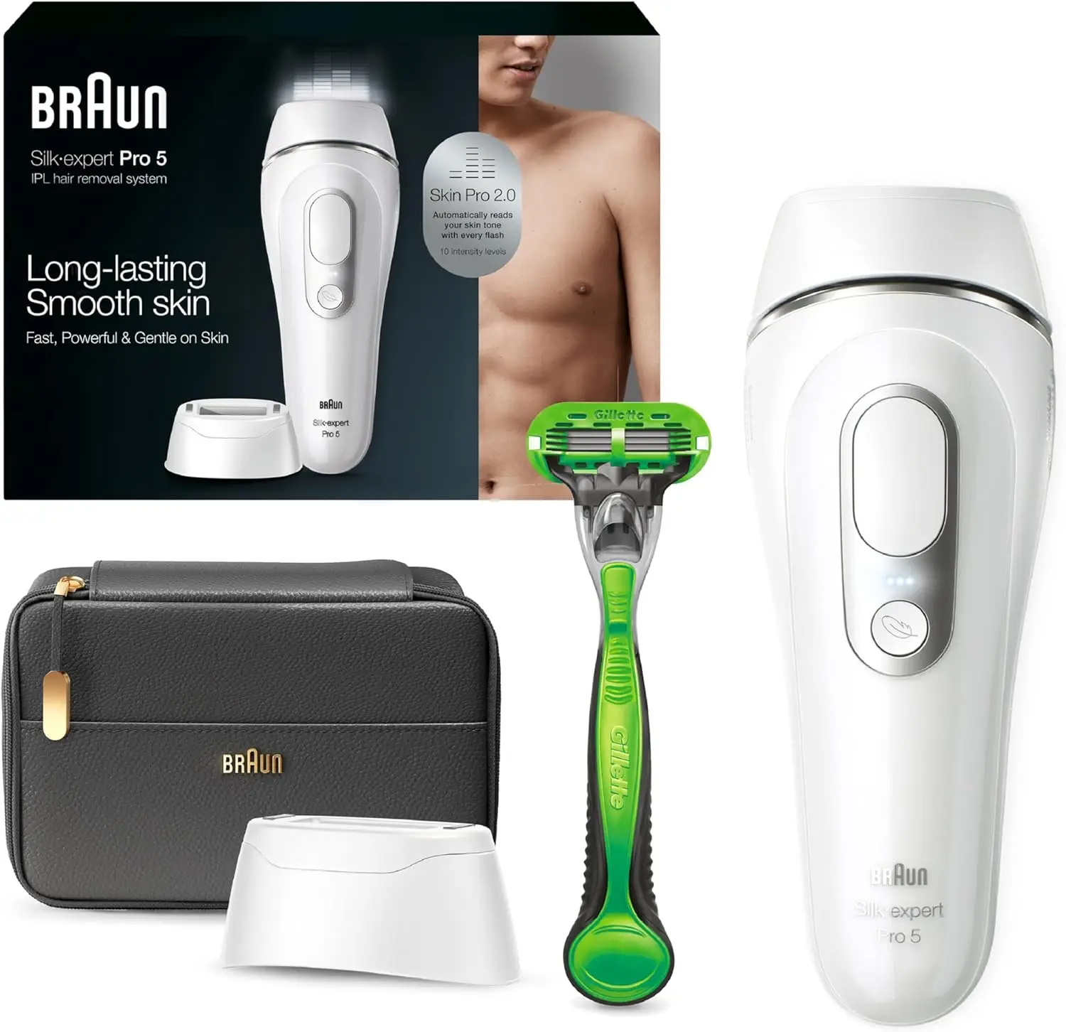 IPL Long Lasting Laser Hair Removal Device for Men and Women, PL5145, with Gillette Razor, Pouch, and Wide Cap Head, Safe & Virt