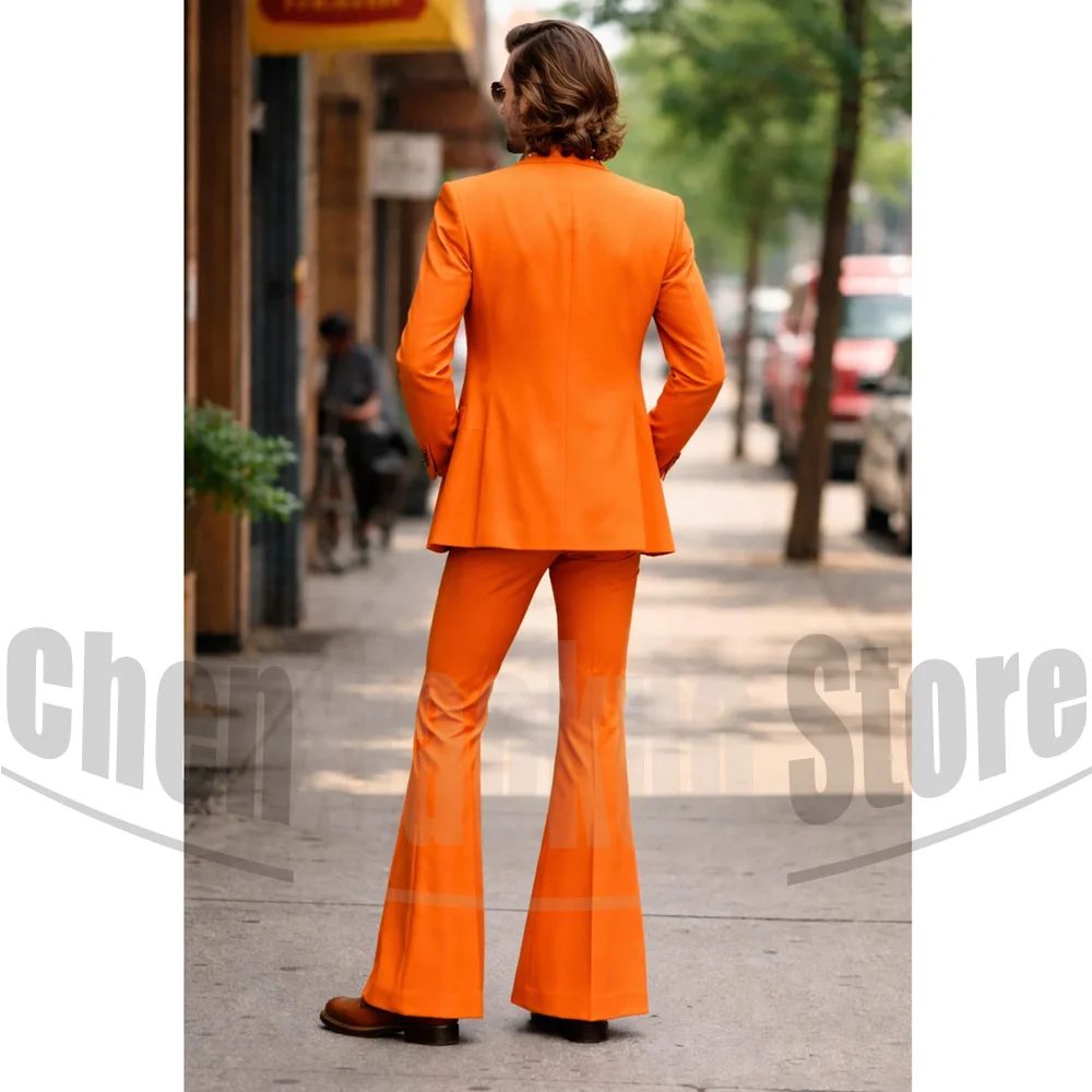 Orange Men 70s Disco Suit 3 Piece Set Blazer Vest with Flare Pants Slim Fit Retro Costume For Party Prom Halloween Cosplay - view 2