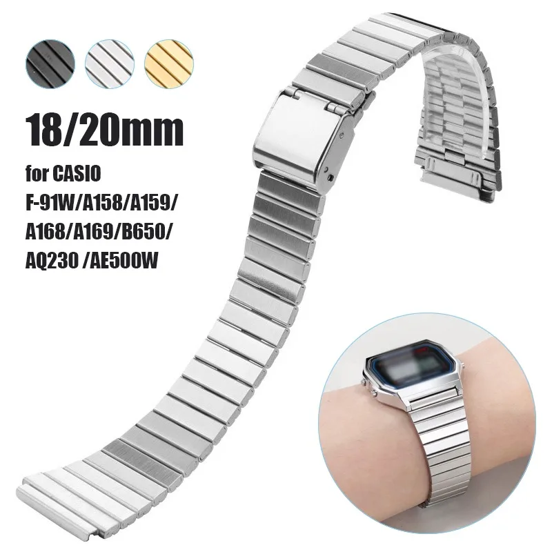 Correa de acero inoxidable para reloj CASIO, pulsera de Metal ultrafina para CASIO F-91W/A158/A159/A168/A169/B650/AQ230 /AE500W, 18mm y 20mm