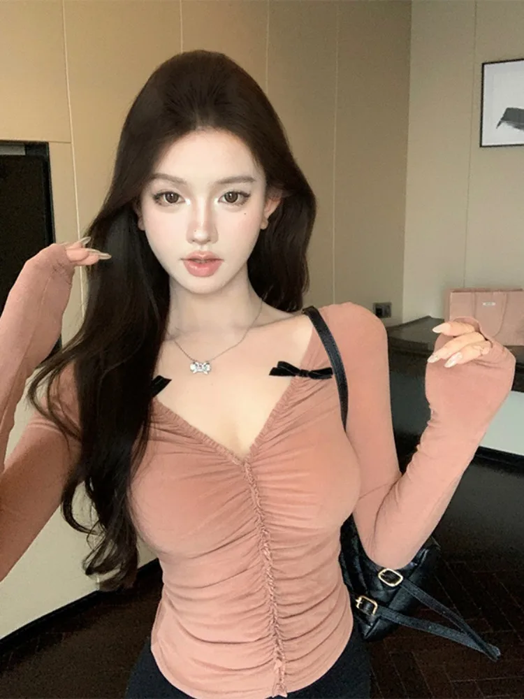 

Sexy Sweet Spicy Women's Long Sleeve V-Neck T-Shirt Slim Fit Inner Wear Top Knot Design Pleated Base Shirt Commute ...