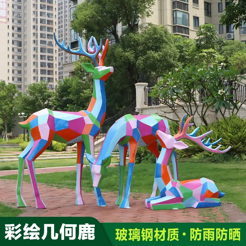 FRP painted geometric sika deer sculpture outdoor community sales office ornament garden landscape lawn ornament