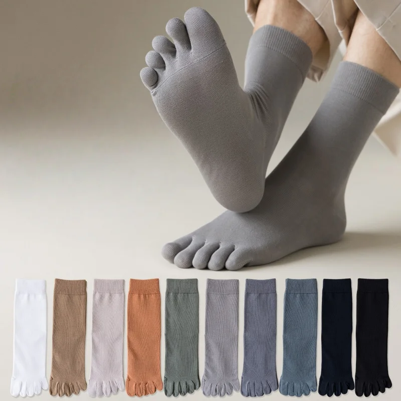 

1/3/5 Pairs Men's 5-Toe Cotton Socks Anti-Odor Mid-Calf - Breathable Moisture-Wicking Solid Color for Outdoor Daily Wear