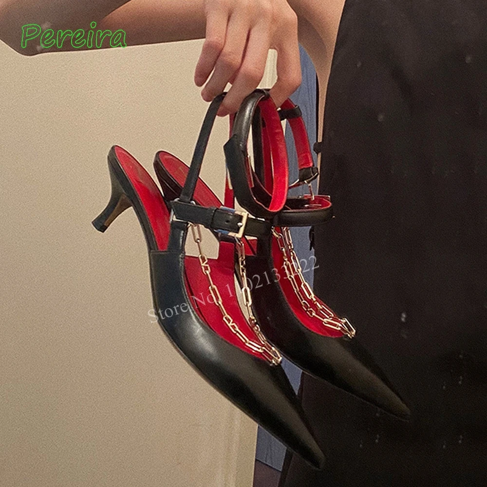 2024 Black Chain Luxury Pumps Summer New Arrival Leather Women's Solid Pointed Toe Fashion Comfortable Dress High Heels