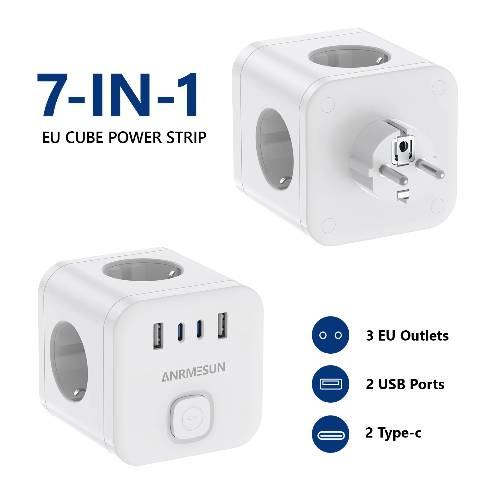 Wall Socket Extender with Switch 3 Outlets 2 USB A and 2 Type C Port Portable Cube Socket Power Strip Adapter Charger For Travel