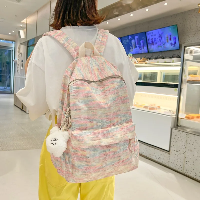 Dopamine-colored nylon lightweight student schoolbag, sweet and cute pendant, Kawaii travel backpack for girls