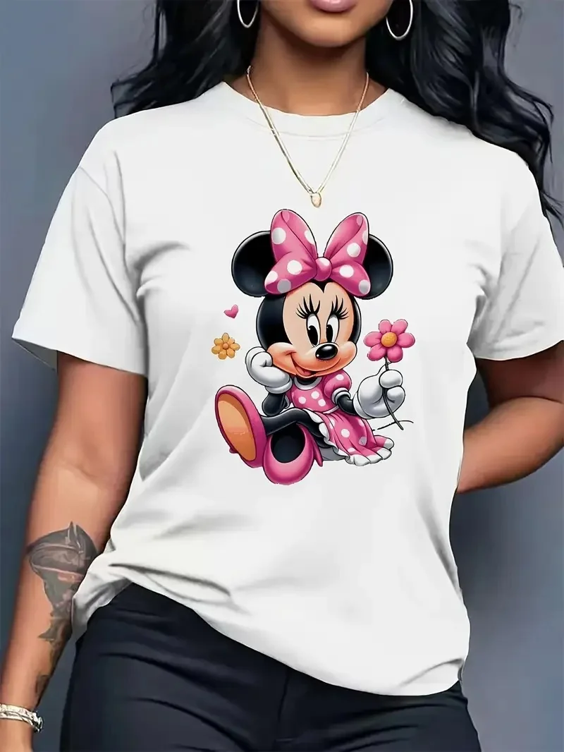 

2025 Disney Pattern Printed Women's Casual Comfortable Unique Smiling Face Black Round Neck Short Sleeve T-shirt