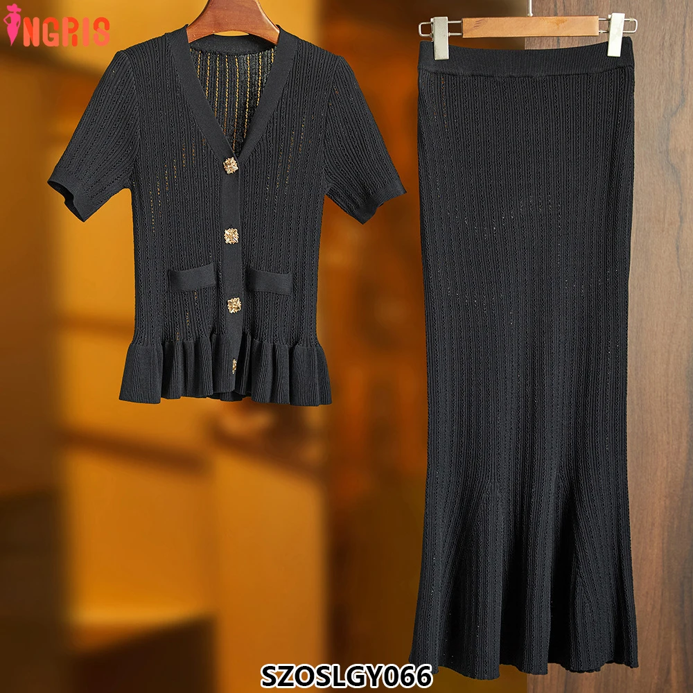 

2025 Women's Summer French Casual Suit V-Neck Short Sleeve Single-Breasted Cardigan Dress-SZOSLGY066